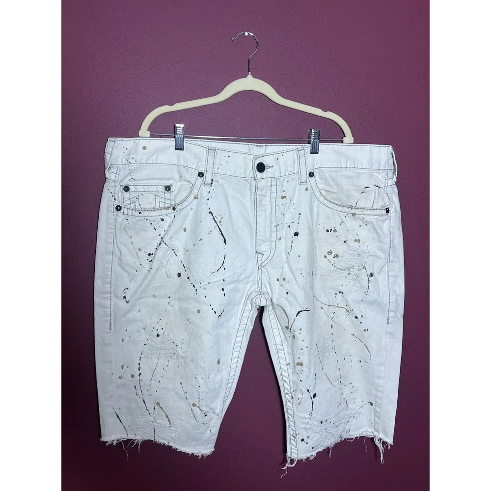 True Religion White Paint Splatter Distressed Skinny Denim Shorts Mens
